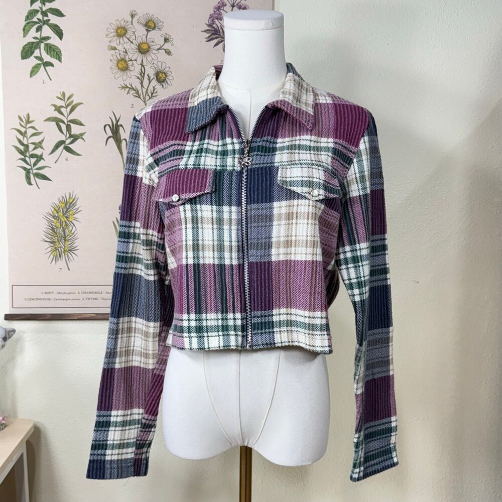 Vintage 90s Plaid Zip Up Flower Cropped Flannel Jacket Grunge Skater Indie S M